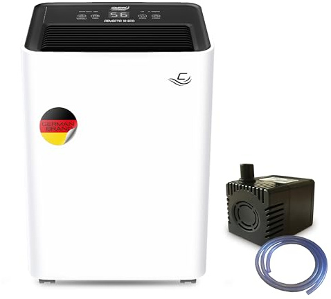 Comedes Demecto 10 eco Déshumidificateur (10 l/24 h) + pompe à condensation PowerDrain – Convient pour les pièces à vivre et caves jusqu'à 50 m²/92 m³, silencieux, économe en énergie, avec tuyau de 3