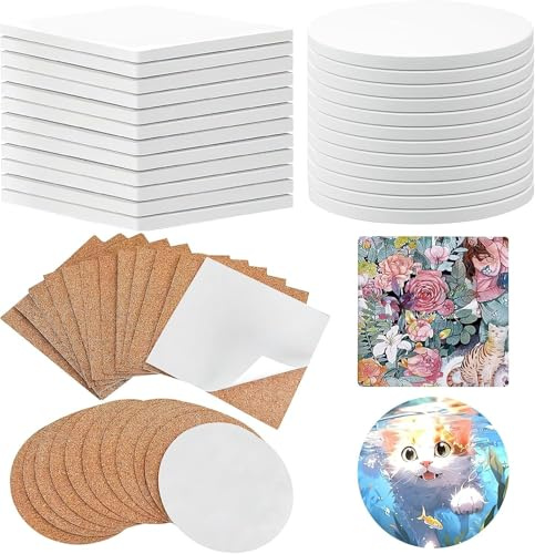 Lot de 24 Sous-verres en Céramique Blanche (12 Carrés + 12 Ronds) avec Dos en Liège – 10 x 10 cm – Sous-verres à Personnaliser pour Verres, Tasses, Pots – Pour DIY, Peinture, Résine, Encre, Décoration