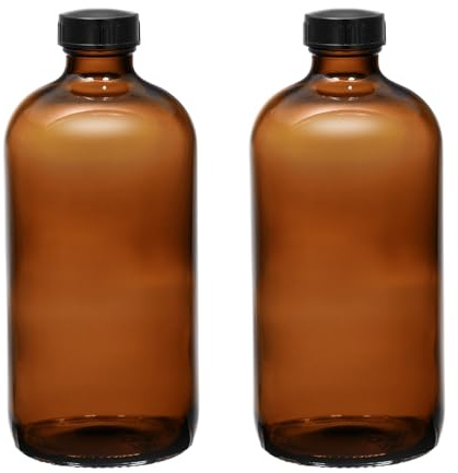 (2 Pack) - 16 oz Amber Glass Boston Round Bottles with Black Airtight Polycone Caps – Reusable UV-Resistant Glass Containers for Homemade Extracts, Oils, Herbal Remedies, and Fermentation (Large)