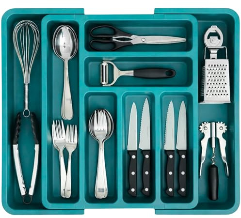 edihome, Organizador Cubiertos, Cubertero para Cajon, Bandeja de Cuberteria Extensible, con 6 a 8 Compartimentos, BPA Free, Ajustable, Utensilios de Cocina (Turquesa)