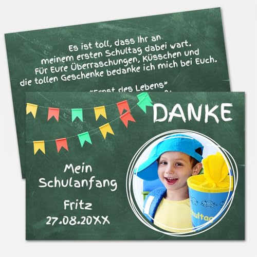 Personalisierte Dankeskarten Schulanfang - Danksagung Einschulung – personalisierbar mit Foto & Text – 10 bis 100 Karten – Umschläge optional, extra starkes Papier - Motiv Tafel mit bunten Wimpeln