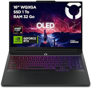 Lenovo Legion Pro 7 16AFR10H - Ordinateur Portable Gaming 16'' OLED 240Hz (AMD Ryzen 9 9955HX, RAM 32Go, SSD 1To, NVIDIA RTX 5070 Ti 12GB, Windows 11) Clavier rétroéclairé RGB AZERTY Français - Noir