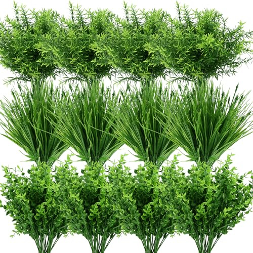 Juwacoo 24 Bundles Artificial Plants Grass Indoor Outdoor UV Plastic Fake Bushes Plants Shrubs Greenery Flowers Arrangement