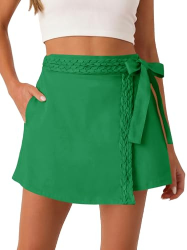 Tankaneo Womens Wrap Mini Skirt Skort Summer Casual Braided High Waisted Bow Tie Skirt Shorts with Pockets Green