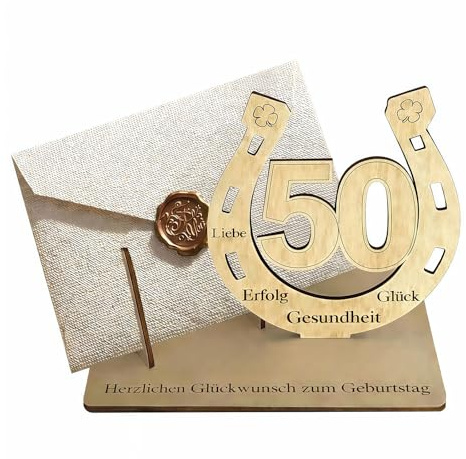 PIujsym Geschenk 50 Geburtstag Mann und Frau, Holz Hufeisen Aufsteller für 50. Geburtstag, Kreatives Gästebuch Deko 50 Geburtstag Frau, Geldgeschenke Geburtstag 50 mit Vintage Umschlag