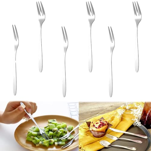 YZIRVNZ Lot de 6 Fourchettes à Fruits et Desserts en Acier Inoxydable, 13cm - Comprend 3 Fourchettes à 2 Dents et 3 Fourchettes à 3 Dents, Petites Fourchettes à Gâteaux et Apéritifs Réutilisables
