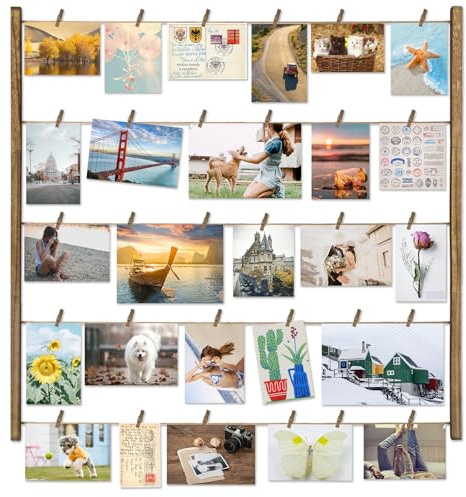 Love-KANKEI Wood Picture Photo Frame for Wall Decor 26×29 inch with 30 Clips and Adjustable Twines Collage Artworks Prints Multi Pictures Organizer and Hanging Display Frames Gift Carbonized Black