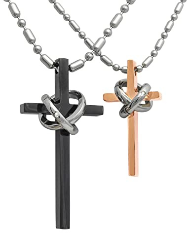 Hanessa 2 Stück Personalisierte Kette mit Gravur Edelstahl 55 cm mit Anhänger Kreuz mit Ring in schwarz gold - Personalisierte Geschenke für Damen Herren Freundin Freund - Partner Halskette Sie Ihn