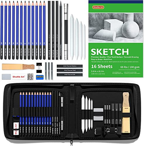 Shuttle Art 37PCS Lapices Colores Profesionales, Lápiz de Dibujo con Bolsa de Cremallera, Kit Dibujo con Lápiz de Grafito y Carboncillo para Dibujar, Dibujo Artista Kit para Adultos Niños Artista