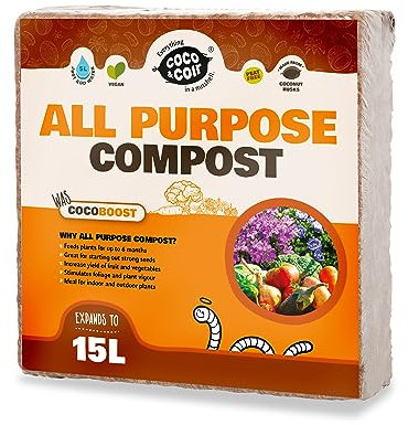 Coco & Coir Peat-free Compost. Potting Compost with 6 months Nutrition. Coir Soil for Plants Indoors / Outdoor- Coco Boost (15L / 1KG)