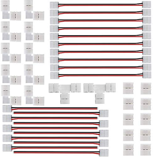 FSJEE LED Strip Verbinder 2 polig 8mm enthält 10 x Strip to Strip Drahtverbinder, 10 x LED Eckverbinder, 10 x lückenloser Verbinder für 3528 und 2835 LED Streifen