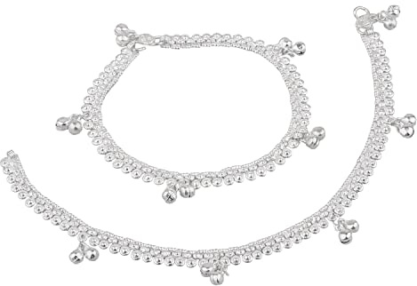 Efulgenz Indian Silver Tone Bell Charms Tassel Chain Anklet Set Bracelet Payal Foot Jewelry, One Size, Metal, no gemstone