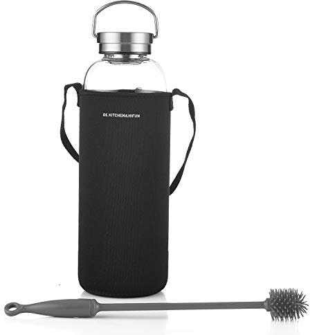 DE.KITCHEN&HIFUN Glasss Water Bottle 2000 ml, grande de vidrio de borosilicato de 2 l para jugo, botella de agua de cristal con filtro de tapa de acero (1)