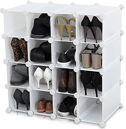 AMOS 16 Pair Interlocking Cube Shoe Storage Rack Organiser with Back Panels Space-Saving Adjustable Modular Slot Shelf Box Unit Boots Trainers Display Stand Holder (White)