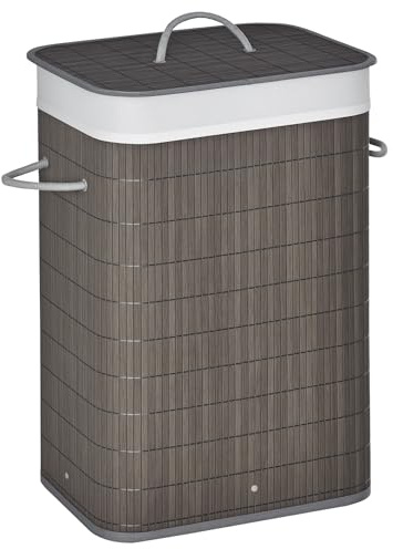 HOMCOM Laundry Basket with Flip Lid and String Handles Collapsible Grey | Hamper, Removable Lining, Board Base, Foldable, Water-Resistant Dirty Clothes Storage