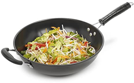 Homiu Wok Tradizionale 2 Manici, Antiaderente e Manico in bachelite in acciaio al carbonio, Perfetto per friggere 30 cm di diametro, Grigio