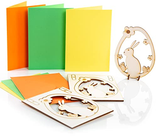 Logbuch-Verlag 3 bunte Oster Grußkarten mit mini Ostergeschenk - Hase aus Holz - Osterkarten gelb orange grün 10,5 x 15 cm