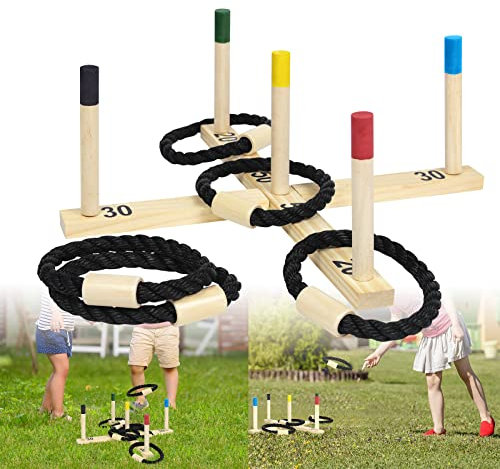 LARS360 Wurfspiel Ringwurfspiel, Ringe werfen Spiel für Outdoor Indoor Spielspaß - 50x50cm mit 5 Pcs Hölzerne Seilringe + 5 Pcs Bunt Ringe Werfen