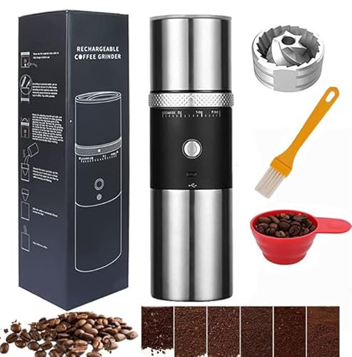 Electric Conical Burr Coffee Grinder Portable Cordless Rechargeable Coffee Maker Stainless Steel Coffee Bean Machine with 15 Fine to Coarse Grind Settings Christmas Gift (Black)