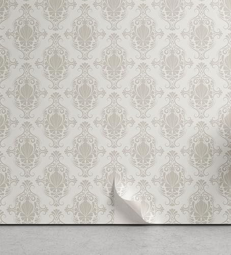 Ambesonne Damask Peel & Stick Wallpaper for Home, Floral Victorian Motif and Rococo Baroque Renaissance Effects Print, Self-Adhesive Living Room Kitchen Accent, 13 x 100, Pearl and Coconut