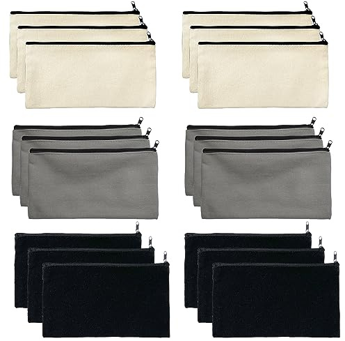 Vueinrg 18 Stück Stofftaschen zum Bemalen DIY Blanko Stoff Federmäppchen Rohling Kosmetiktasche zum Beplotten Stoffbeutel mit Reißverschluss für Arbeit Schule Reisen (21 x 12 cm)