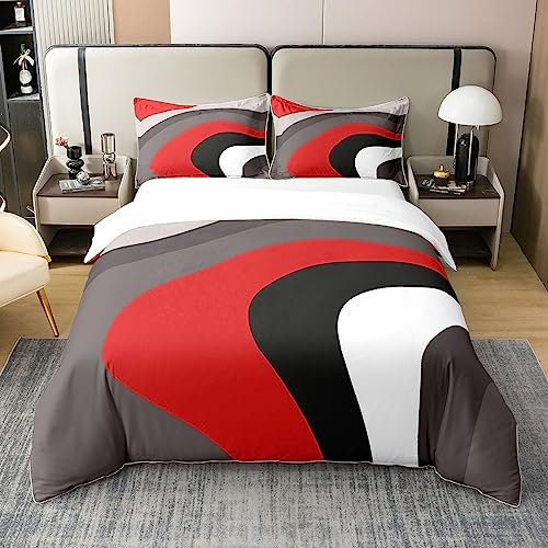 Abstrakte Wirbel 100% Baumwolle Bettbezug 220x240,Schwarz Rot Grau Weiß Retro Kreis Bettwäsche Set für Kinder Mädchen,Geometrie Linien Tröster Bezug,Moderne Geometrische Quilt Cover mit 2 Kissenbezüge