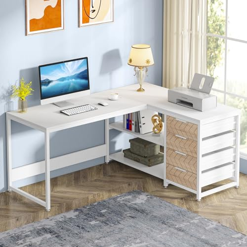 Tribesigns Schreibtisch mit 4 Schubladen, L-förmiger Computertisch mit 2 Ablagen, Reversible Eckschreibtisch für Büro,Arbeitszimmer, Wohnzimmer,155×110×75cm (weiß)
