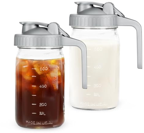Creamer Pitcher Jar with Lid - 2 Pack No Leak 32oz Airtight Mason Jar with Pour Spout Lid, Classic Wide Mouth Jug Easy to Clean, Ideal for Coffee, Breastmilk, Iced & Sun Tea, Juices