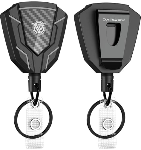 Oaridey Heavy Duty Retractable Keychain with Belt Clip, Retractable Badge Holders with Carbon Fiber Front, Badge Reels Retractable with Key Ring and 31.8” Steel Cord, 9oz Rebound - 2 Pack