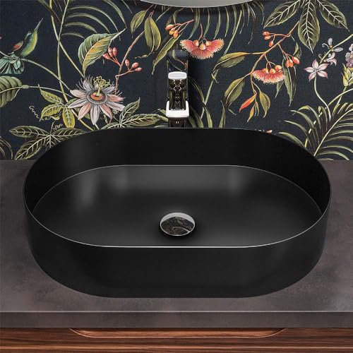Inbagno Lavabo da appoggio Ovale 58x38 cm in Acciaio Inox, Finitura Nero Opaco e profondità 9,5 cm, Goya