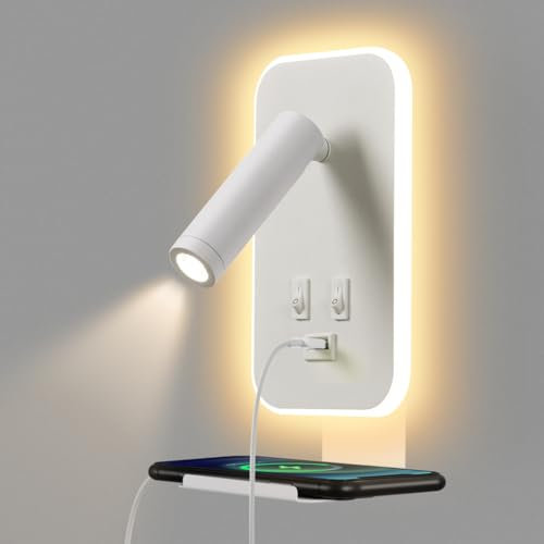 Awekliy Lampada da Parete a LED, Lampada da Lettura da Comodino, Con porta di ricarica USB e vassoio per telefono, Faretto Regolabile con Luce Ambientale per Camera da Letto (3W 3100K+9W 6000K) Bianco