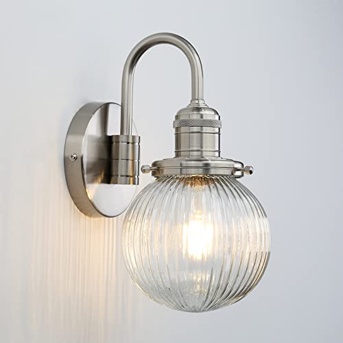 Glas Wandleuchte Innen Wandlampe für Küche Flur Bad Schlafzimmer Wohnzimmer | Vintage Wandleuchte E27 Modern Innen Lampe mit Handgeblasense klarglas und Gebürstet geschwungene Arm Metall Halterung