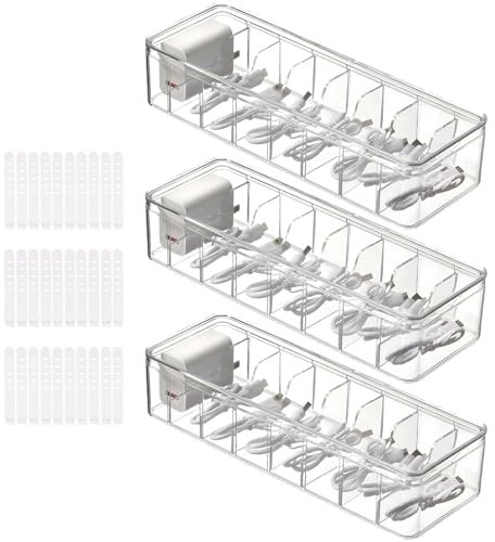 MUXHEL 3PCS Cable Storage Box 8 Grids Clear Cable Management Box Plastic Cable Tidy Box with Lid & 30 Cable Ties for Cable Storage Chargers Power Strips and Cables Organize