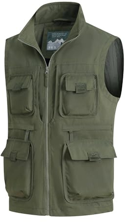MeiLayM Gilet da Pesca da Uomo con Multi-Tasche All'aperto Casual Viaggio Giubbotto Leggero Rapida Gilet Traspirante Sportivo Gilet Senza Maniche per la Fotografia Safari Campeggio Verde militare,XXL