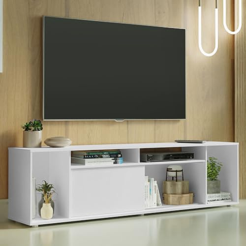 Madesa Entertainment Center mit 1 Schiebetür und 5 Regalen, TV-Ständer für Fernseher bis zu 80 Zoll, Holz, 50,8 cm H x 35,6 cm T x 180,9 cm L, Weiß