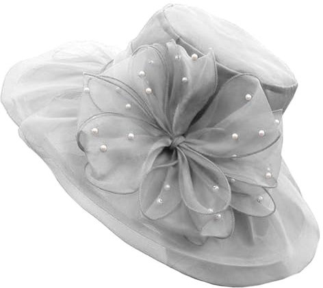 ZESLIV Damenhut Organza Hut Hochzeit Anlasshut Brauthut Sonnenhut mit Organza Blumen Perlen Sommerhut Sonnenschutz Strandhut, Grau