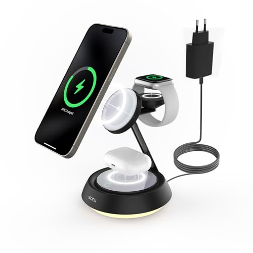 【Holo-Design】SODI 3 in 1 Kabelloses Ladegerät & Nachtlicht, Induktive Ladestation für Apple Watch und iPhone, Wireless Charger für iPhone 17/16/15/14/13/12, für AirPods, für Apple Watch 11-1/Ultra/SE