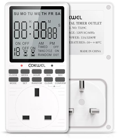COKWEL Digital Electrical Timer Plug Socket Programmable Timer Switch for 19 On-Off Repeat Cycle Timer with LCD Display 24 Hours/7 Days Cowndown Indoor Timers 2900-Watt Max