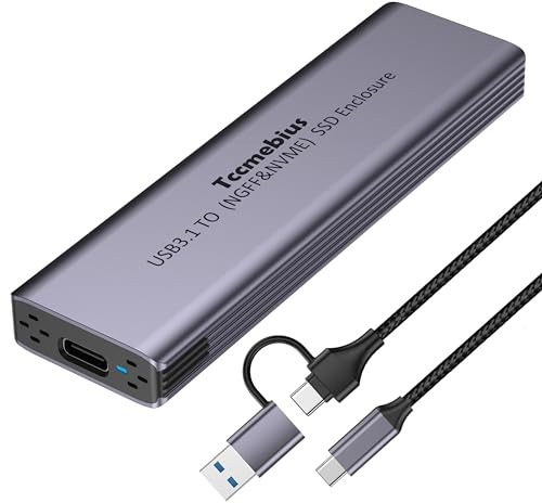 Tccmebius M.2 NVMe NGFF SSD Gehäuse, Aluminium USB 3.1 Gen2 10Gbps Extern Gehäuse für NVMe PCIe SATA M und M&B Key in 2230/2242/2260/2280, Mit 2-in-1 USB A/C Kabel, Unterstützung UASP Trim (TCC-S186)