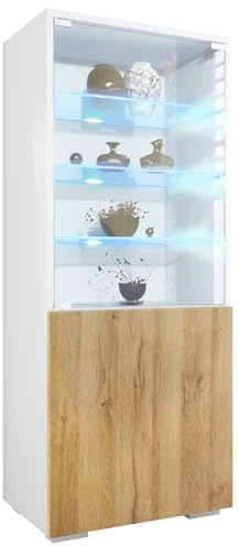 Vladon Vitrine Granada, Made in Germany, Vitrinenschrank mit Glastür und Glaseinsatz inkl. LED, Weiß matt/Eiche Natur (50 x 122,5 x 34,5 cm)