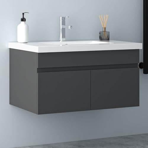 Biubiubath Badezimmer Badmöbel 80cm Mineralguss Waschtisch mit Unterschrank Hängeschrank Dunkelgrau Matt Badezimmerschränke Badschrank mit 2 Soft-Close Türen
