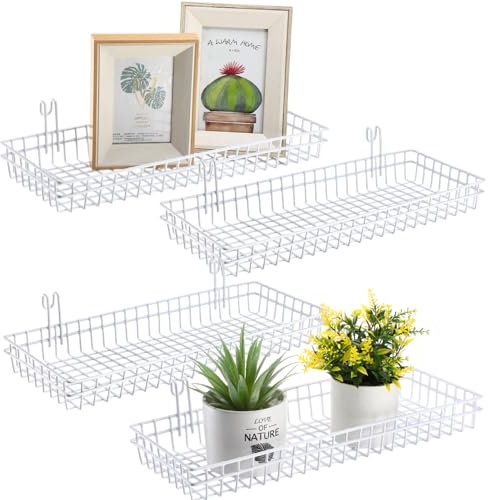 Blulu 4 Stück 40 x 15 x 5 cm Metallgitter-Wandkörbe mit Haken, Gitter, Wandregale, hängender Drahtkorb, multifunktionaler Aufbewahrungs-Organizer für Küche, Organisation, Display (weiß)