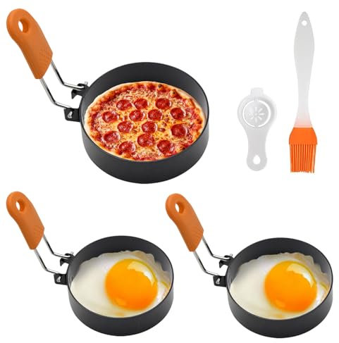 HAYGEM 3 Piezas Moldes para Huevos Fritos para Sartén en Dos Tamaños, Huevo Rings con Separador y Cepillo, Pancakes Rings de Acero Inoxidable y Antiadherentes para Tortillas, Tortitas y Mucho Más