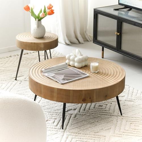 Zouron Table Basse en Bois Lot de 2 Design en Forme de Vague d'eau Table d'appoint Table de Salon Ronde 77x77x36.5 cm avec 40x40x46.5 cm （Bois de pin + Base en métal）,Vintage Brun