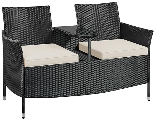 Yaheetech 2-Sitzer Polyrattan Gartenbank mit Tisch Stabile Rattan Sitzbank | Wetterfest Balkonbank 350 kg Belastbarkeit, für Garten Balkon Terrasse, Schwarz-Beige,131×65,5×85 cm