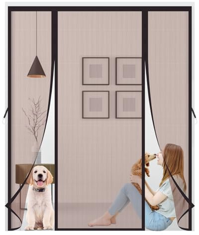 Magnetic Fly Screens Door,Double Door Screen Curtain, Anti Mosquito Mesh Fly Curtain,Powerful Magnets and Full Frame Magic Tape,Without Drilling for Sliding Door, Patio Door,155x210cm,Brown