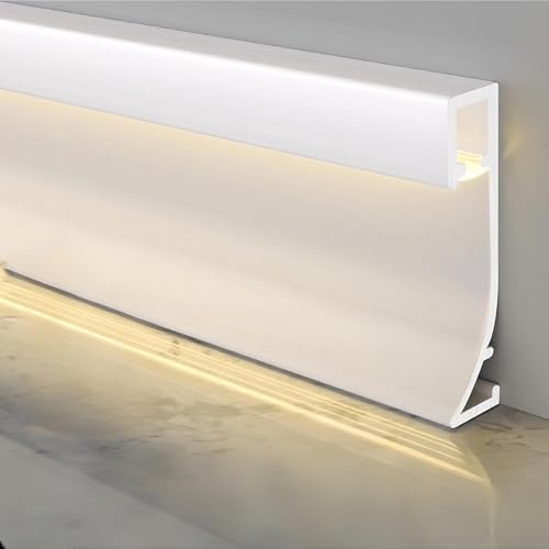 Pearl White LED Aluminium Metal Baseboard Trim 6Pcs 3.15 in x 8.2 ft Total 49.2 ft 80mm x 2500mm LED Light Aluminum Wall Base Board Cover Molding Skirting Trim, Surface Mount Downlight