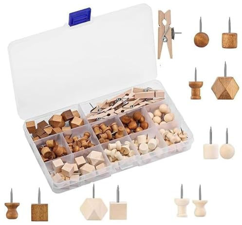 114Piece Wood Push Pins, Cork Notice Board Thumb Tacks Wooden Drawing Pins for Home, Office, and Classroom Use,Drawing Pins for Bulletin Boards for Pinboard