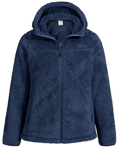 Pioneer Camp Giacca in pile da donna con cappuccio, calda e soffice, in pile a pelo alto, con cerniera intera, per attività all'aperto, giacca invernale per tutti i giorni, blu navy, S