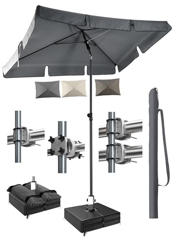 Menz Wählbares Sonnenschirm Balkon-Set, Anthrazit – UPF 50+ Sonnenschirm rechteckig 200 x 125 cm mit Sonnenschirmhülle, Sonnenschirmhalter für Balkongeländer oder befüllbarem Sonnenschirmständer